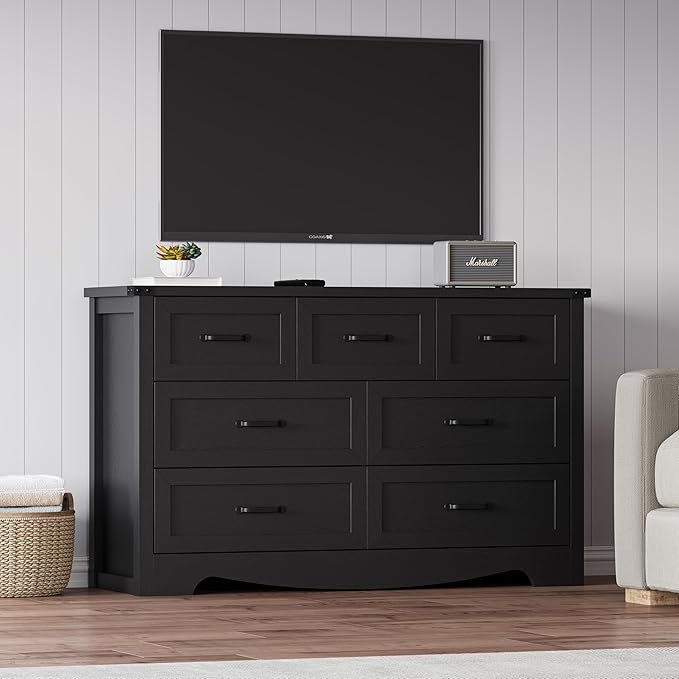 7-Drawer Dresser for Bedroom – 47" Wide Modern Wooden Chest with Natural Wood Texture, TV Stand & Storage, Metal Corner Brackets, Wood Drawer Organizer for Living Room, Hallway