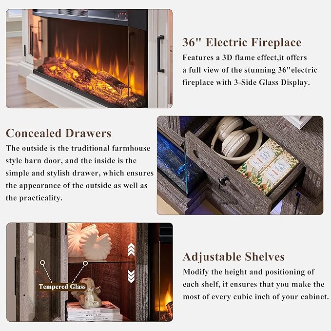 JXQTLINGMU Farmhouse Fireplace TV Stand for TVs up to 80", Entertainment Center with 36" 3-Sided Glass Electric Fireplace & LED Lights, 70-inch TV Console for Living Room,Grey