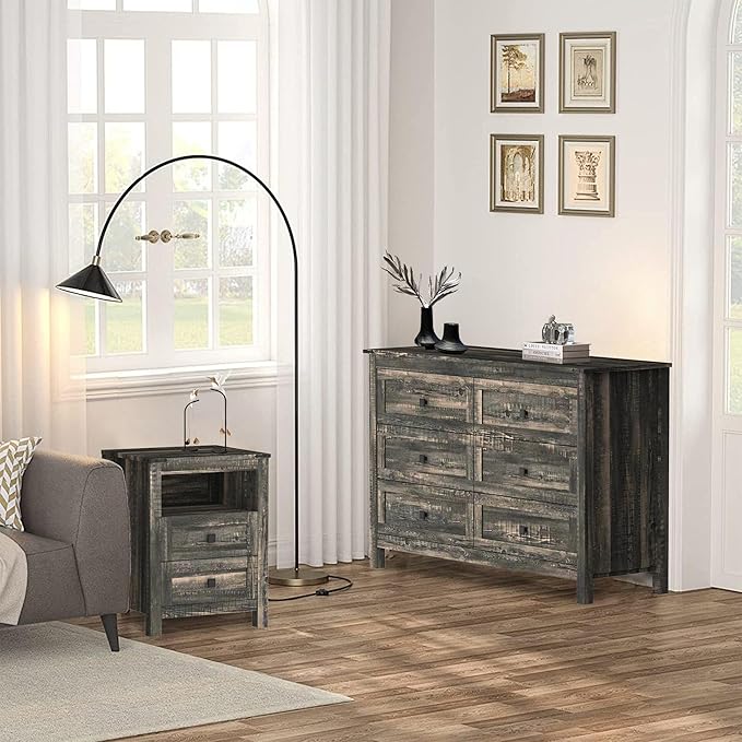 Farmhouse Bedroom Set, 3 Pieces Bedroom Furniture Set, Rustic Wood 6 Drawer Dresser and Nightstands, Chest of Drawers Wide Storage Organizer Cabinet for Bedroom