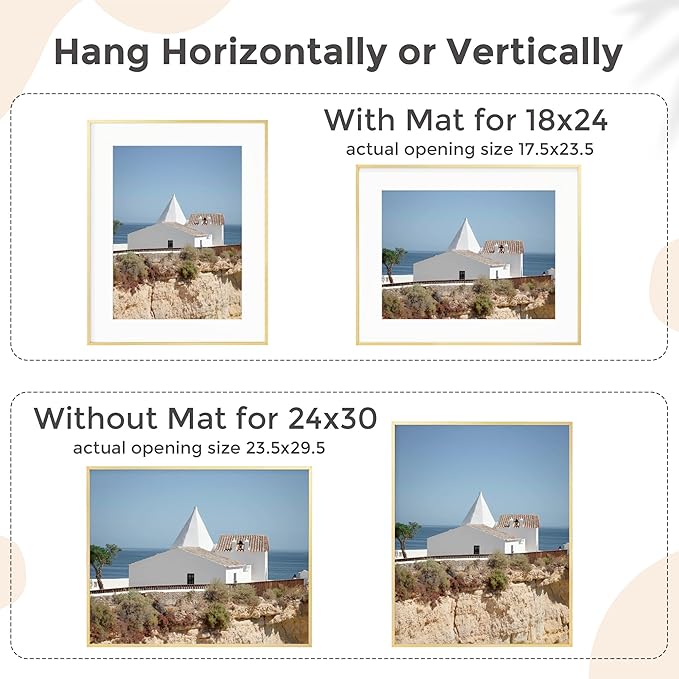 24x30 Metal Picture Frame for Wall With Mat for 18x24, 24''x30'' Aluminum Photo Frames With Tempered Glass for Home Decor, Minimalist Modern Poster Frame Horizontal And Vertical Formats, Gold
