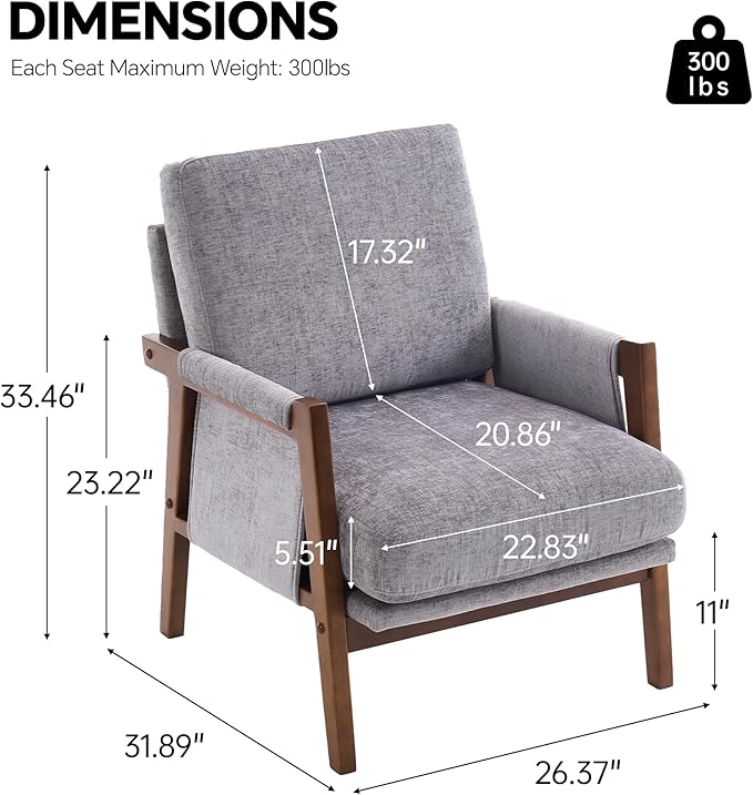 Mid Century Modern Accent Chair with Wood Frame, Upholstered Living Room Chairs with Wide Armrest, Chenille Fabric Lounge Reading Arm Chair for Bedroom, Reading Room, Balcony, Gray
