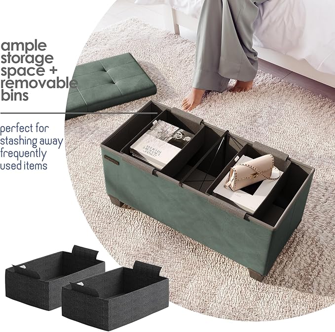 STORAGEBUD Storage Ottoman Bench with Bins, 30-in Storage Bench for Bedroom End of Bed, Folding Foot Rest Ottoman for Living Room Max 660lbs, Faux Leather Ottomans, Green