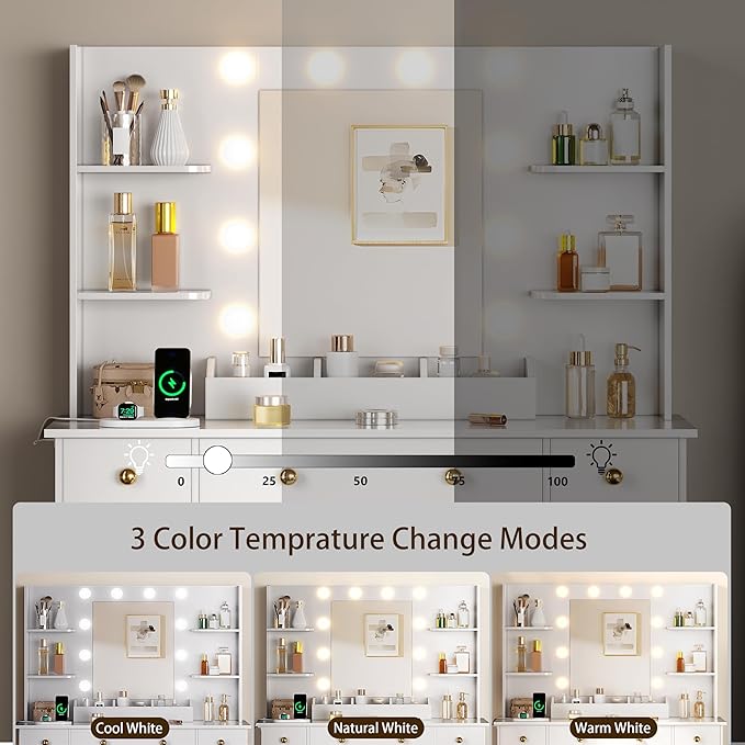Vanity Desk with Mirror and Lights, Makeup Vanity with Charging Station & Vanity Stool, 3 Drawers and Cabinets White Vanity Mirror with RGB LED Lights Vanity Desk and Chair for Women