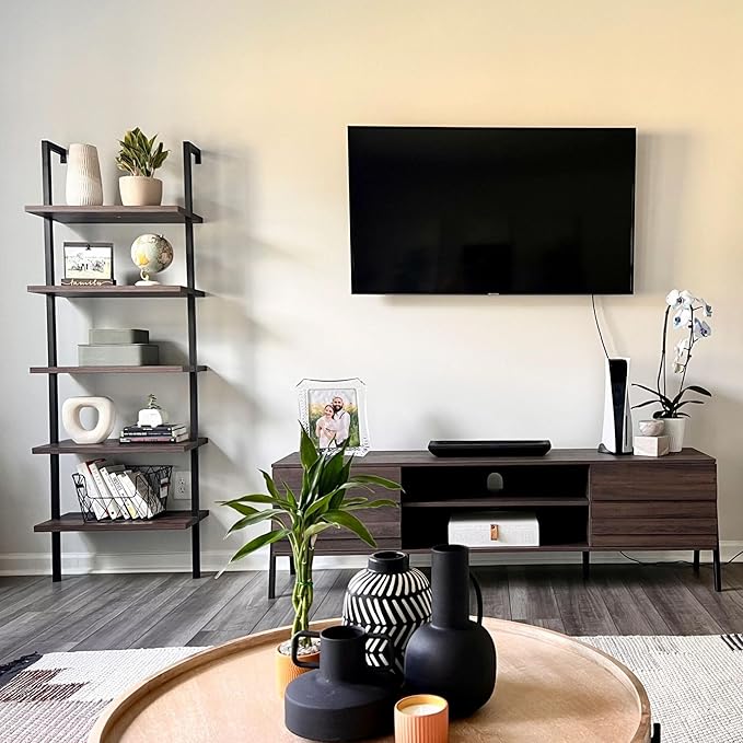 Nathan James Theo 5-Shelf Wood Modern Bookcase, Open Wall Mount Ladder Bookshelf with Industrial Metal Frame, Dark Walnut Brown/Black, Set of 4