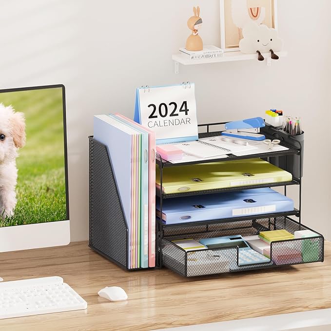Desk Organizer and Accessories, 4-Tier Desktop File Organizer with Drawer and 2 Pen Holders, Office Desk Accessories, Workspace Organizers for Office Supplies(Black)
