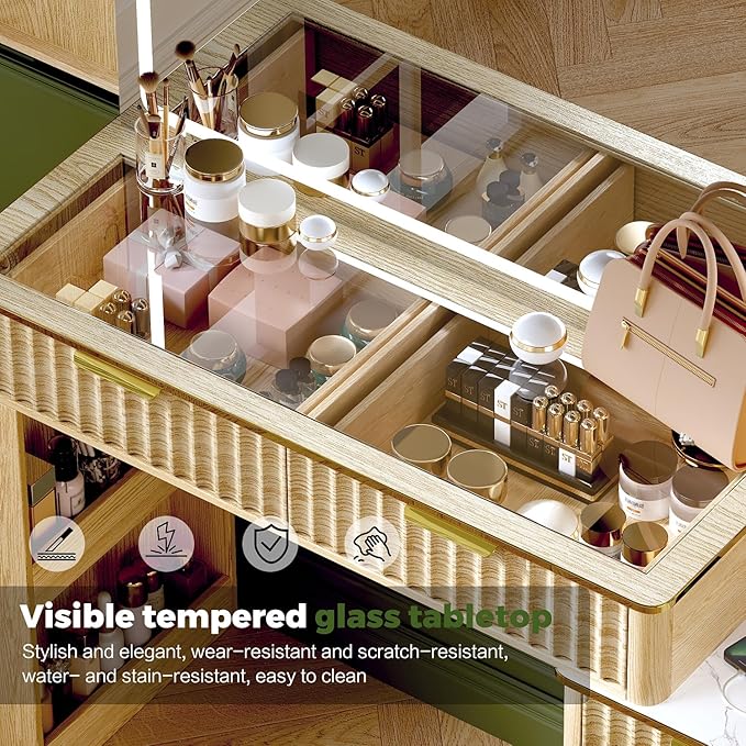 Modern Vanity Desk with Mirror and Lights, 49.2'' Fluted Makeup Vanity Desk with 5 Drawers and Shelves,Dressing Table with Glass Top and Power Outlet for Bedroom,Natural Oak