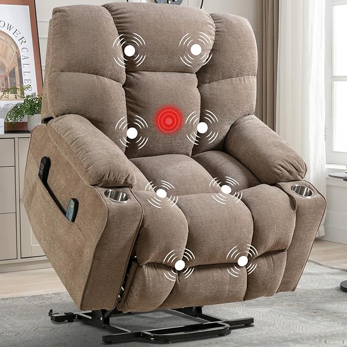 CANMOV Oversized Power Lift Recliner Chair for Elderly, Dual Motor Electric Heavy Duty Lift Recliner with Massage, Heating, with USB Port,Cup Holders and Pockets, Brown