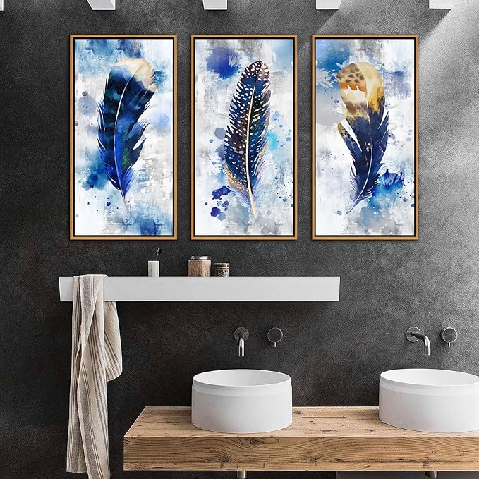 Framed wall art Feather Canvas Wall Art for Living Room Bedroom Large Modern Artwork Blue Watercolor feather Print picture 3 pieces Framed Wall Decor Ready to Hang for Home Office Decoration (With