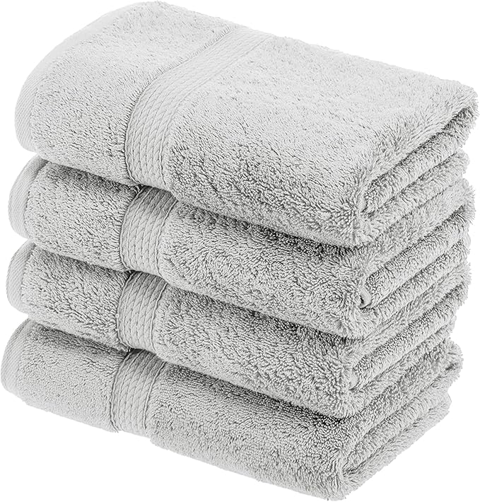 Superior Egyptian Cotton Pile Hand Towel Set of 4, Ultra Soft Luxury Towels, Thick Plush Essentials, Absorbent Heavyweight, Guest Bath, Hotel, Spa, Home Bathroom, Shower Basics, Silver