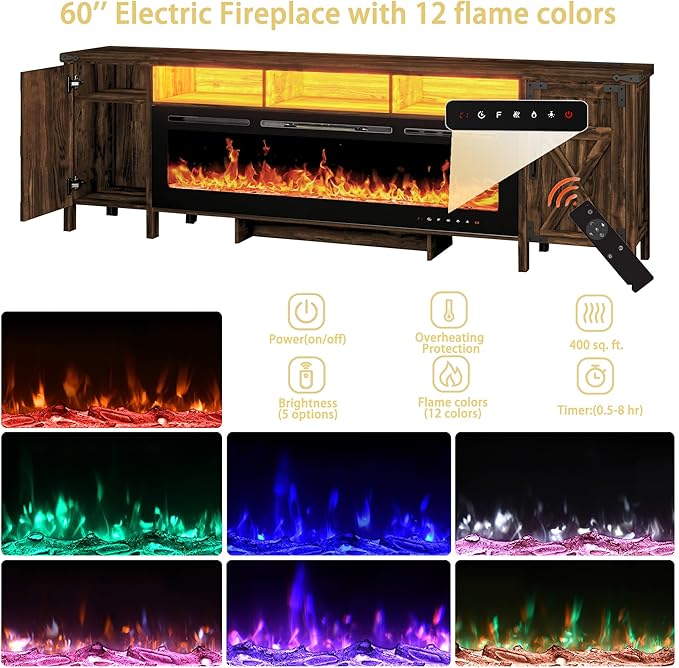 94.5" Fireplace TV Stand for TVs Up to 100", Farmhouse Entertainment Center with 60" Electric Fireplace & LED Lights, Large TV Console for Living Room, Barn Door Cabinet & Open Shelf, Brown