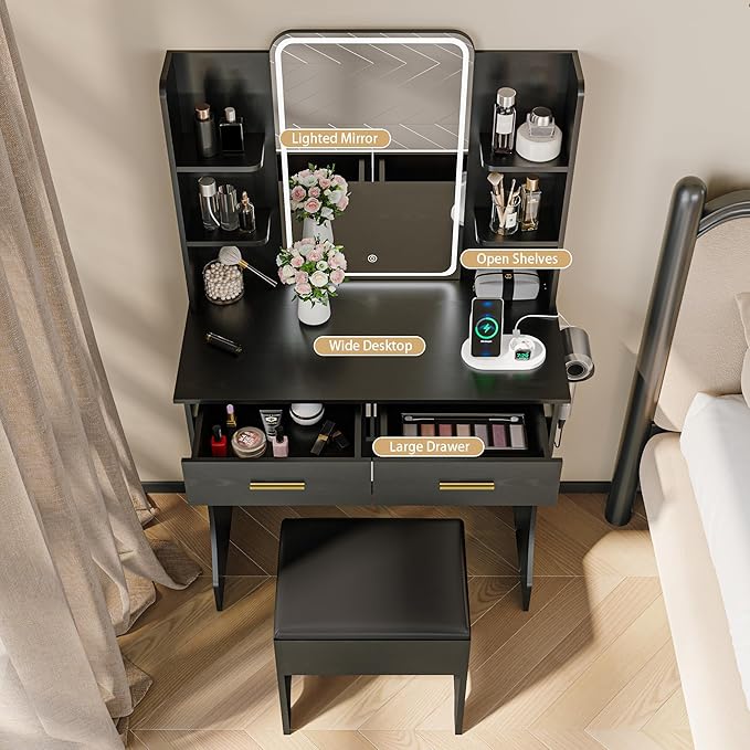 Makeup Vanity Desk with Mirror and Lights, Black Vanity with Power Outlet and LED Lights, Vanity Table with 2 Drawers and 6 Storage Shelves, Vanity Set with Chair for Bedroom