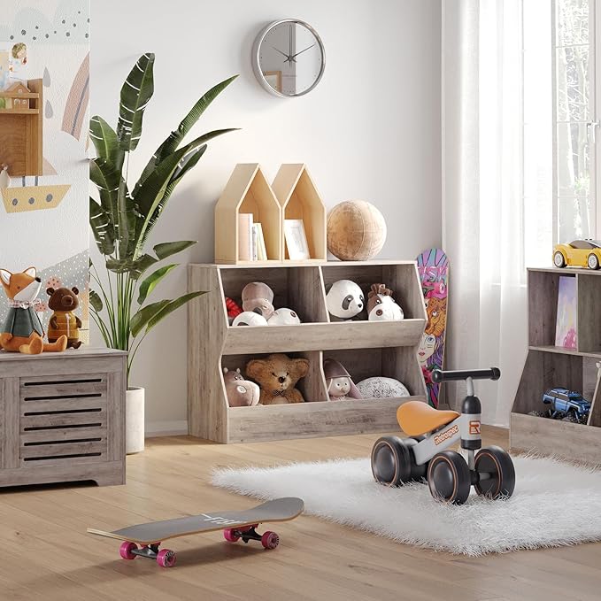 DINZI LVJ Kids Bookshelf, Toy Storage Organizer, Wooden Toy Storage Cabinet, 4 Cubby Children Bookcase, 39.4" L Toddler Book Shelf for Bedroom, Nursery, Hallway, School, Greige
