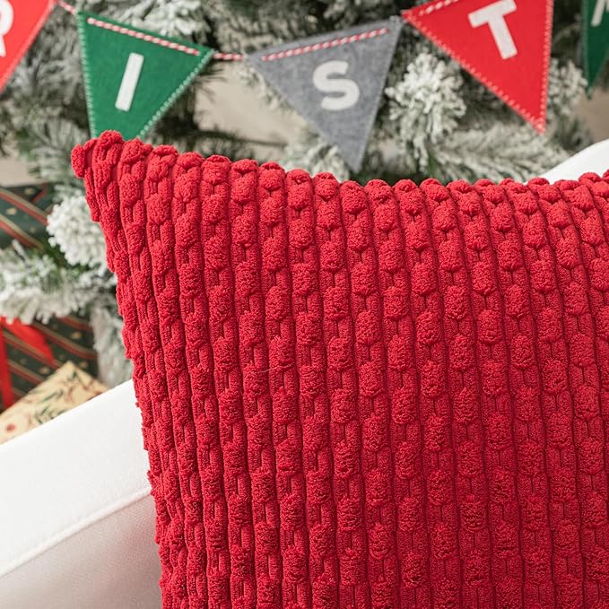 Kevin Textile Lumbar Throw Pillow Covers Ultra Soft Solid Striped Corduroy Rectangle Christmas Pillow Cover for Sofa 12 x 20 inch Burgundy 2 Pieces