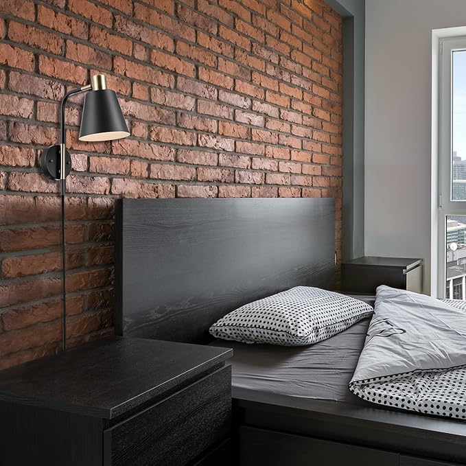 GLOBE Electric 51374 Cleo 1-Light Plug-in or Hardwire Wall Sconce, Matte, Antique Brass Accents, Black Cloth Cord, 14.44