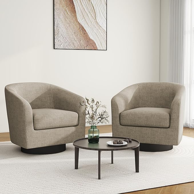 Swivel Barrel Accent Chair, Modern Round Linen Arm Chair for Living Room, Bedroom, Comfy Club Reading Chairs for Adults, Linen Fabric, Light Brown, Set of 2