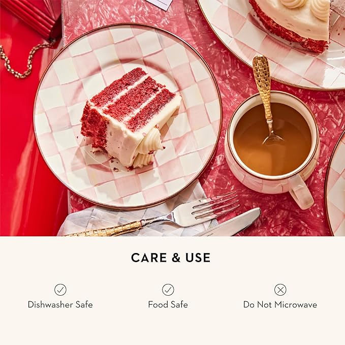 MACKENZIE-CHILDS Enamel Dinner Plate, Decorative Dinnerware Plate, 10 Inches, Set of 1, Pink-and-White Rosy Check