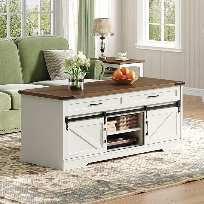 47" Farmhouse Coffee Table with Storage and 2 Drawers, Large Rustic Center Table with Sliding Barn Doors & Open Compartments, Wooden Coffee Table for Living Room, White and Walnut