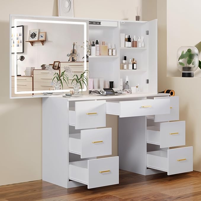 Glass Top Vanity Desk with Large Mirror and LED Lights,White Vanity with 2 Hidden Storage Mirror Cabinets,Dressing Table with Power Outlet&7 Drawers for Women/Girls,Makeup Organizer Countertop