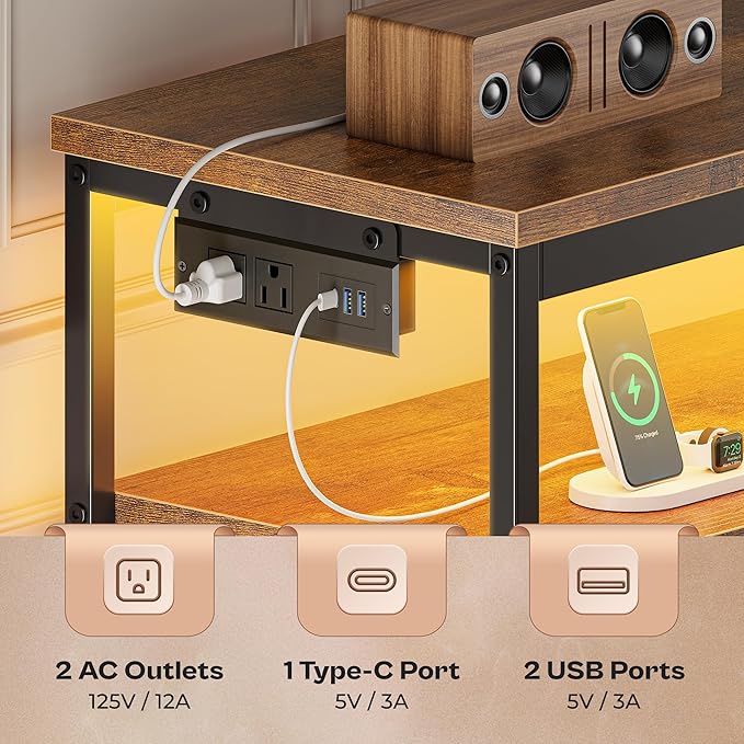 Huuger LED TV Stand for Bedroom, 47 Inch Dresser TV Stand for 43, 50, 55 Inch TV, Rustic Black TV Stand with Storage, Entertainment Center with Power Outlets, 6 Drawer Fabric Dresser for Living Room