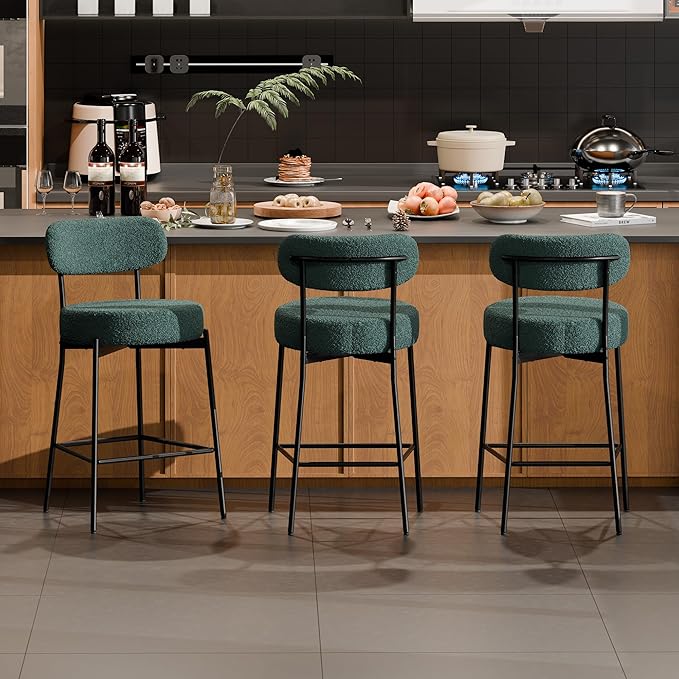 DYHOME Bar Stools Set of 3, 24 Inches Modern Counter Height Bar Stools with Curved Back Metal Legs, Green Upholstered Boucle Barstools for Kitchen Island, Cafe