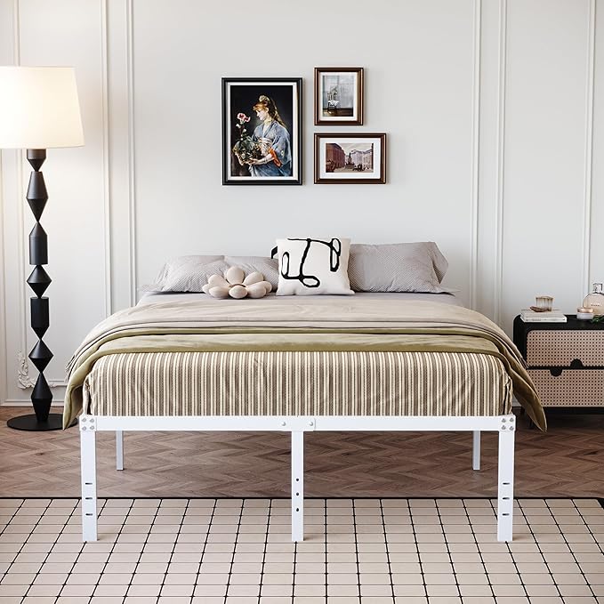 18 Inch Full Size Bed Frame Heavy Duty Metal Platform No Box Spring Needed, Maximum Storage, Easy Assembly, Noise Free, White