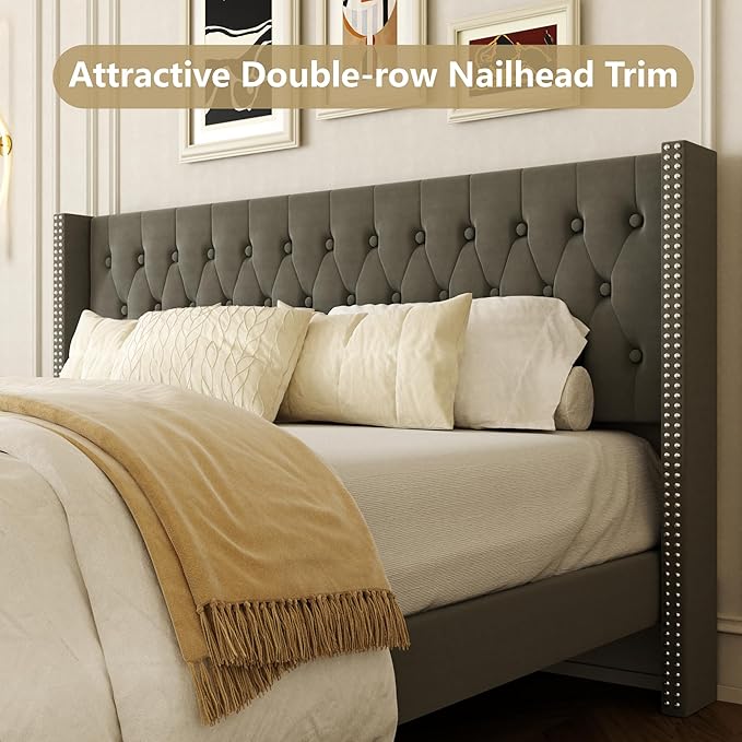 King Size Bed Frame, Upholstered Platform Bed with Wingback Headboard, Velvet Button Tufted, Easy Assembly, No Box Spring Needed, Green