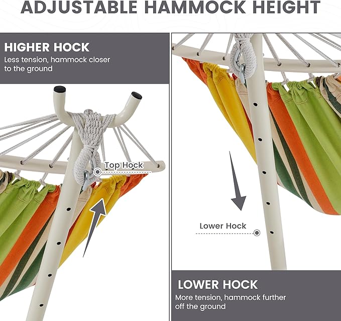 LazyDaze Hammocks Double Hammock with Stand - 2 Person Heavy Duty Outdoor Hammock for Adults, Includes Durable Steel Stand, Portable Carrying Bag and Pillow, Orange Green