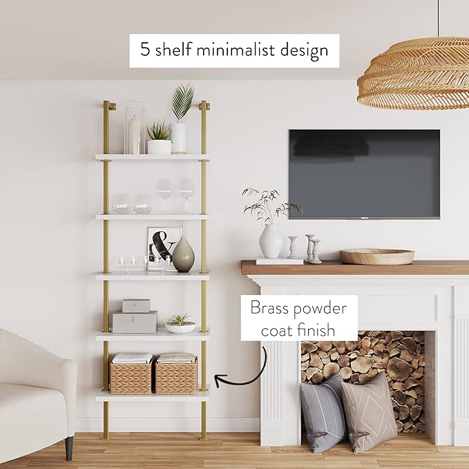 Nathan James Theo 5-Shelf Gold, Ladder Bookcase with Gold/Brass Metal Frame, White, Set of 3