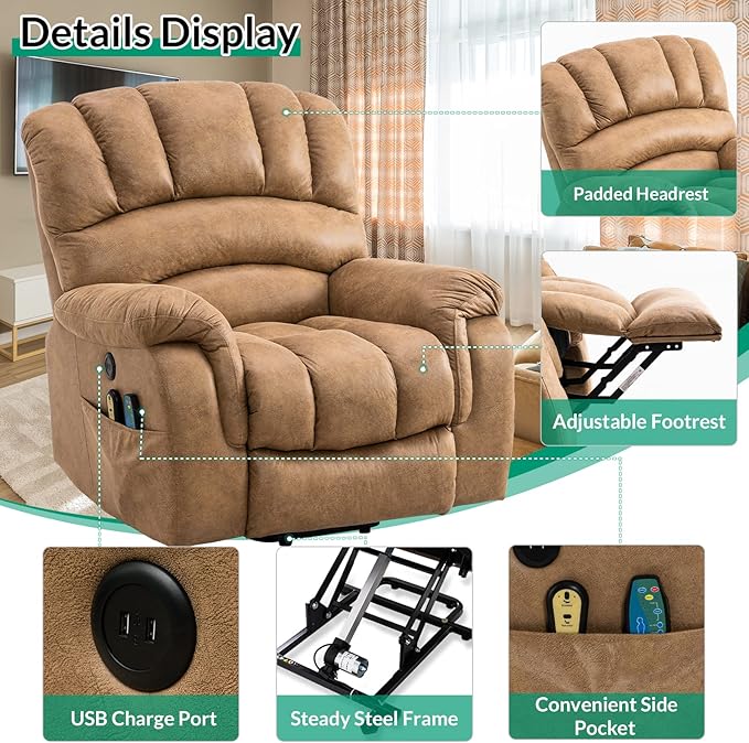 VIVIJASON Large Power Lift Chair Electric Recliner with Heat & Massage for Elderly Big People, Heavy Duty and Safety Motion Wide Recliners with 2 Remote Controls, Side Pockets & USB Ports, Sand