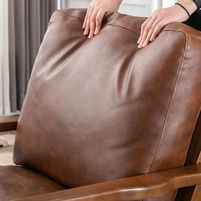 Brown Leather Accent Chair and Ottoman, Mid Century Modern Arm Chair, Retro Upholstered Armchair with Wood Frame & Removable PU Cushions, Large Leisure Slipper Chair for Living Room/Bedroom, Set of 2