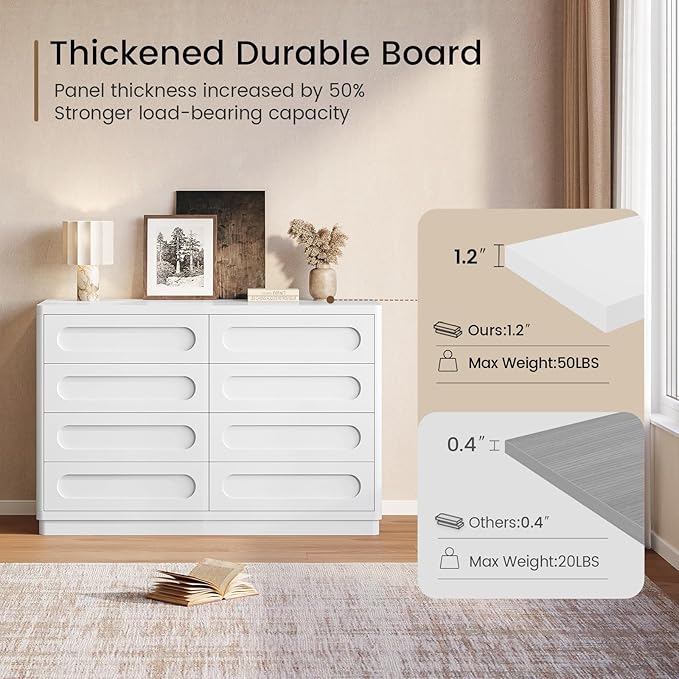 White Dresser for Bedroom with 8 Drawers, 47.2" Wide Dresser for Closet with Deep Drawer, Large Wood TV Stand, Modern Chest of Drawers for Bedroom, Hallway