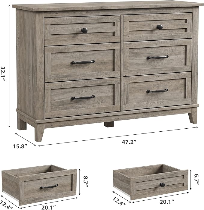 GarveeHome 6 Dresser for Bedroom, 47" Wide Drawer Dresser with Storage Freestanding, Wooden Closet Storage Chest for Living Room, Bedroom, Entryway, Grey