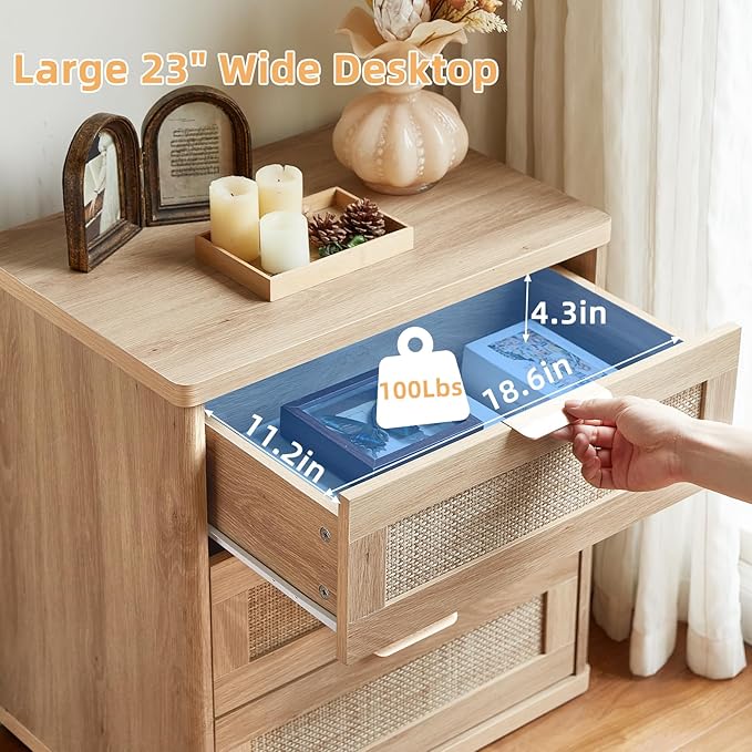 LEYAOYAO Rattan Night Stand with Drawers, 23" Large 3 Drawer Boho Nightstand, Natural Wood Bedside Table Storage Cabinet, Bed Side End Tables Dresser for Bedroom, Living Room, Hallway, Closet