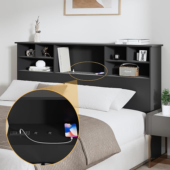 Queen/Full Headboard Only for Bedroom, Stylish Bookcase Headboard with Charging Station & 2 LED Lights, Engineered Wood Queen Size Headboard, Noise-Free HeadBoard with Storage, Black