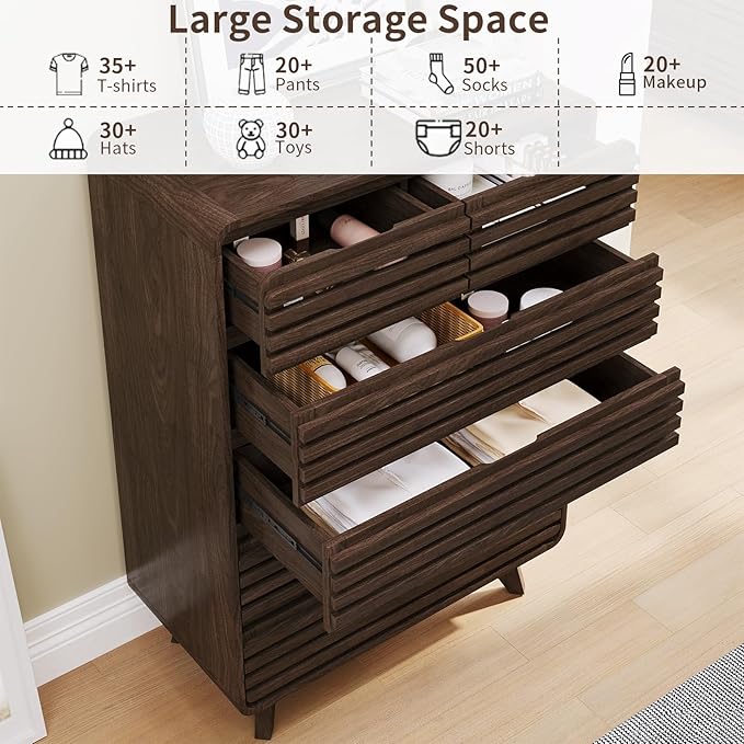 Fluted Dresser for Bedroom, Tall Dresser with 6 Drawers, Chests of Drawers with Grille & Curved Design, Dressers Slides Pre-Installed, Large Wood Drawer Organizer for Bedroom Hallway, Dark Walnut