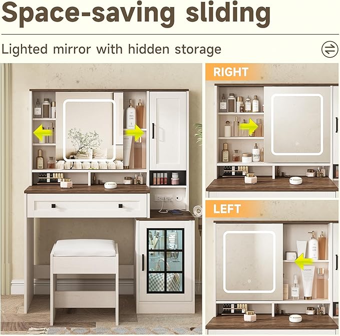 Vabches Makeup Vanity Desk with Sliding Mirror, 41.8'' White Farmhouse Vanity Table with Stool, Jewelry Cabinet & Charging Station, Large Drawer, Visual Cabinet, 3 Lighting Modes, Adjustable Shelves