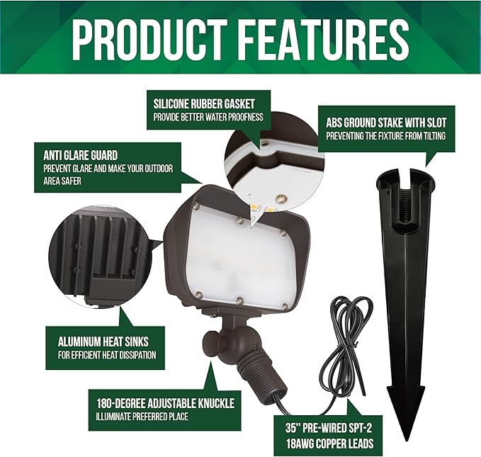 GKOLED 7W LED Outdoor Flood Light, Low Voltage Landscape Lighting, Waterproof Security Wall Lighting Fixture, 9-15V, 480 Lumen, 3000K, 1/2" Adjustable Knuckle Mount, Die-cast Aluminum, Brown