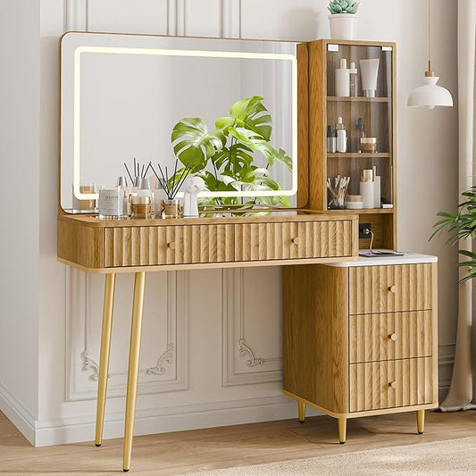Fluted Vanity Desk with 36" Mirror and Lights, Makeup Vanity Desk with Glass Top, Dressing Table with 5 Drawers & Shelves, Wood Vanity Table for Bedroom(Natural Oak)