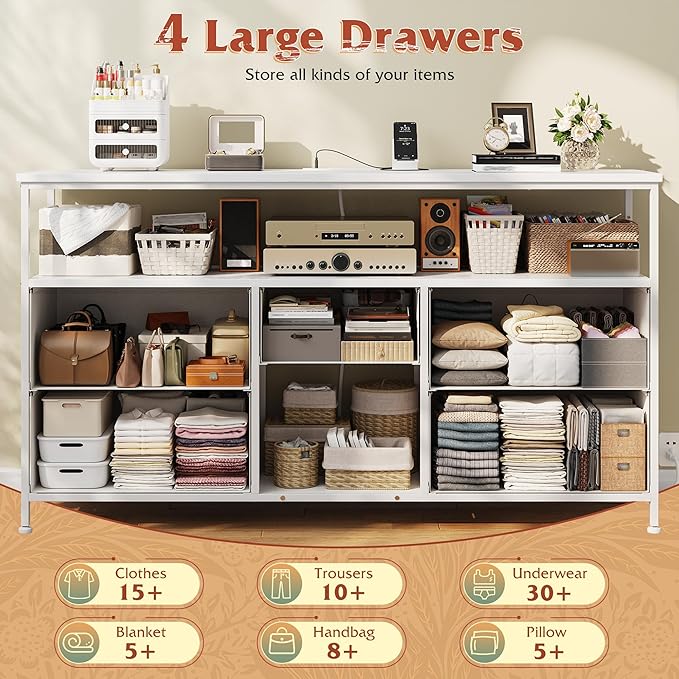 TV Stand Dresser with LED Lights & Power Outlets, Entertainment Center for 50" Inch TV, 5 Drawers TV Stand for Bedroom Dresser with Shelves for Living Room, Sturdy Metal Frame, White