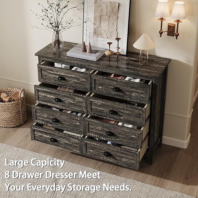 Dresser for Bedroom, Modern Black Dresser with 8 Drawers, Wide Chest of Drawers with Metal Handles,Wood Double Storage Cabinet for Living Room, Bedroom, Hallway