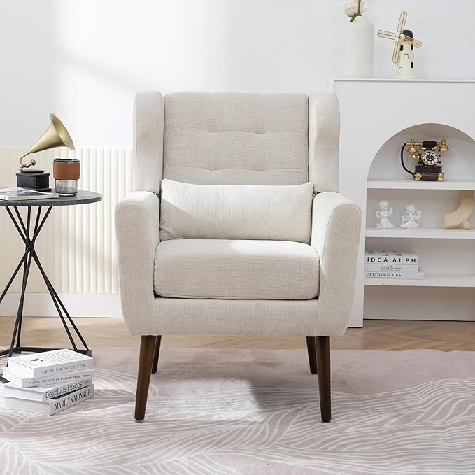 Accent Chair, Comfy Upholstered Living Room Chairs with High Tufted Backrest and Pillow, Wingback Reading Chair with Solid Wood Legs for Bedroom/Office, Chenille Fabric, Beige