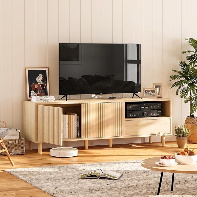 58" Mid Century Modern TV Stand for 32-65 inch TVs, Light Wood TV Console with with Fluted Doors and Drawer, Entertainment Center with Storage for Living Room, Oak