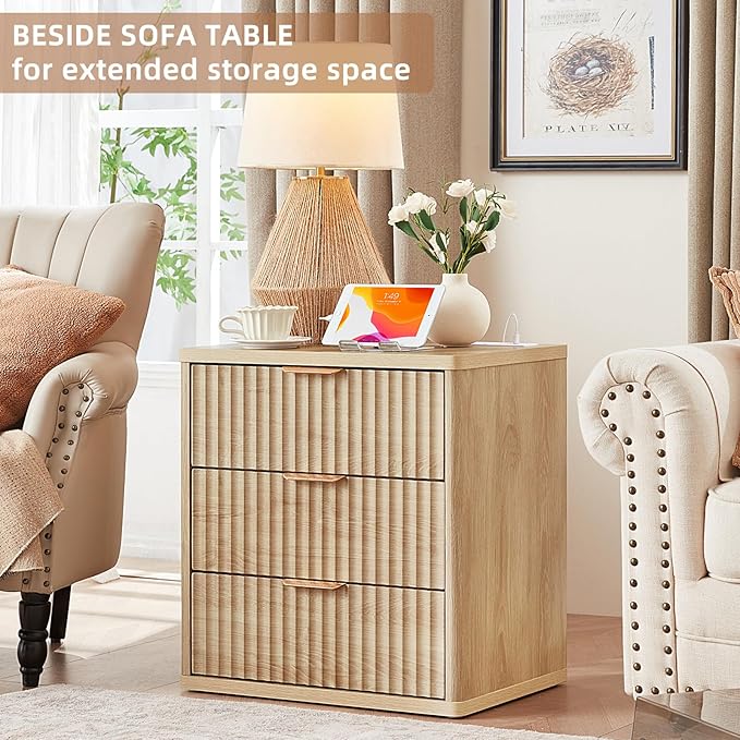 LEYAOYAO 23" Wide Fluted Night Stand with Charging Station, 3 Drawers Large End Table with Storage, Natural Nightstand Wood Bedside Tables, Farmhouse Cabinet Dresser for Bedroom, Closet