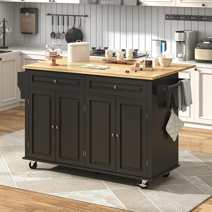 59" W Rolling Kitchen Island with Drop Leaf – Movable Kitchen Carts on Wheels Island with Storage Cabinet, Island Table for Kitchen with Rubber Wood Top and Rack and Drawer, Matte, Black