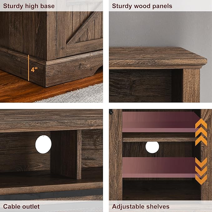 Fireplace TV Stand with Auto-Power-Off Door Sensor, Farmhouse 70" TV Console, Media Entertainment Center with Sliding Barn Door, Adjustable Shelves, Fireplace Heater, Reclaimed Barnwood