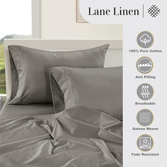 LANE LINEN Soft Pillow Covers King Size 100% Egyptian Cotton Set of 2 Cool & Smooth 1000 Thread Count Sateen Cases - Charcoal