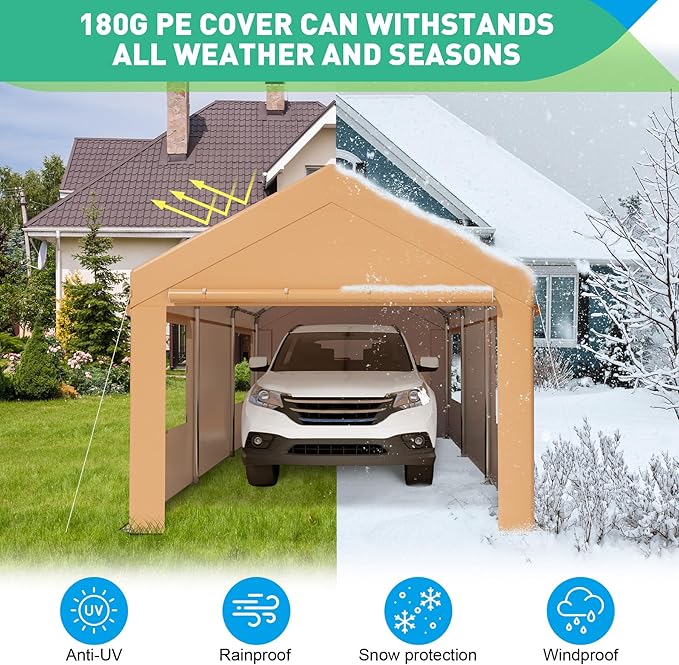 10X20 Ft Heavy Duty Carport Canopy, Portable Garage, Car Tents, Easy to Assemble, Reinforced Structure, with Hanging Edge, Applicable to Car, Bike, Boat, Party (Yellow)