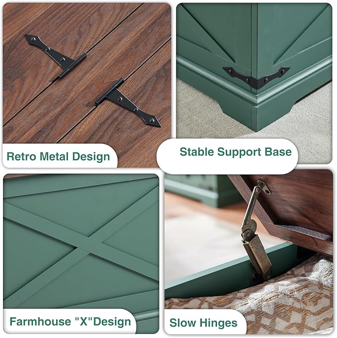 Farmhouse Square Coffee Table with Storage, Wood Center Table with Hinged Lift Top, Rustic Cocktail Table with Large Hidden Storage Compartment for Living Room, Bedroom,Green