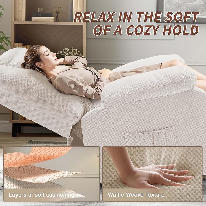 Oversized Dual Motor Power Lift Recliner for Adults, Electric Lift Chair with Heating and Massage, Waffle Fabric Electric Recliner Chair with Side Pockets, Wide Recliner for Living Room