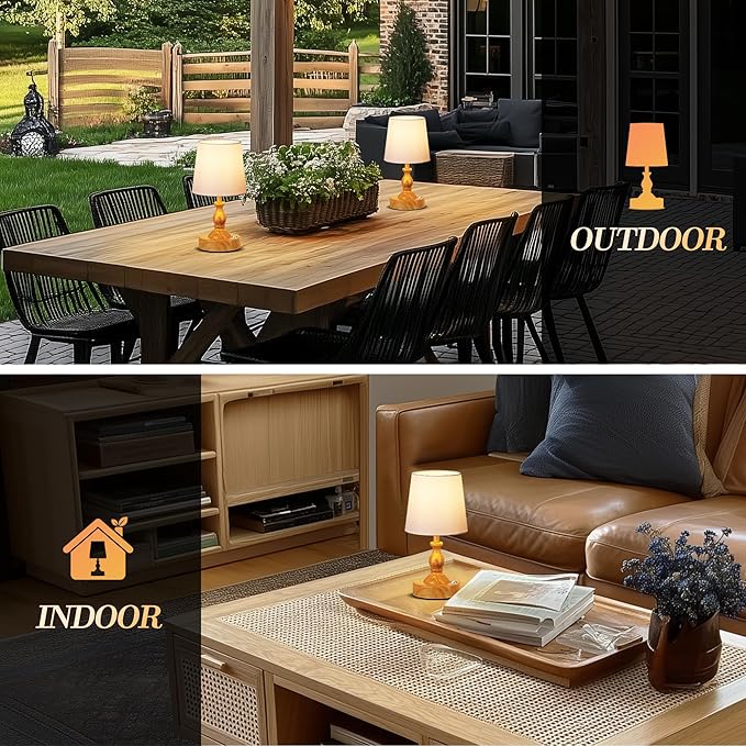 PARTPHONER Mini Cordless LED Table Lamp, 5200mAh Rechargeable Battery Operated Lamp, 3-Level Brightness, Touch Dimmable Desk Lamp, Bedside Night Light for Patio Camping Restaurant Home, Wood Grain